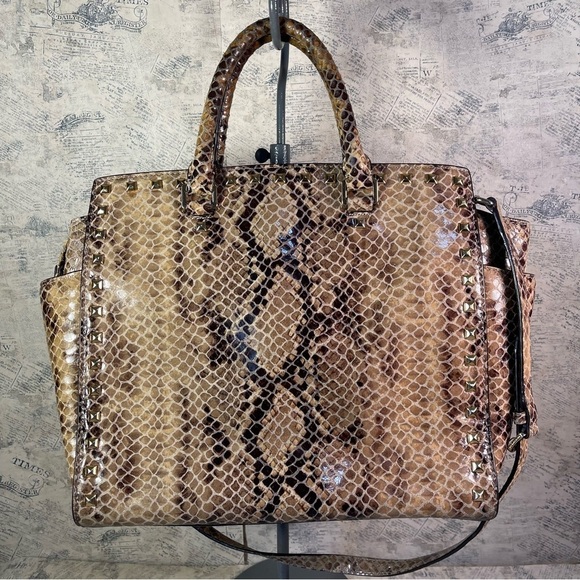Michael Kors Selma Stud Leather Snakeskin Large Handbag Purse Tote - Picture 3 of 15